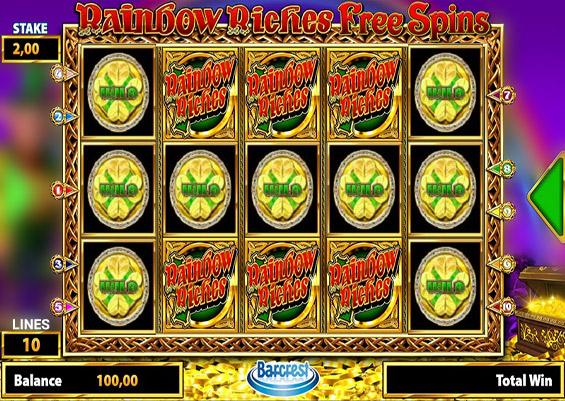 Screenshot of a Rainbow Riches slot game interface, a common vehicle for Mega Riches free spins offers